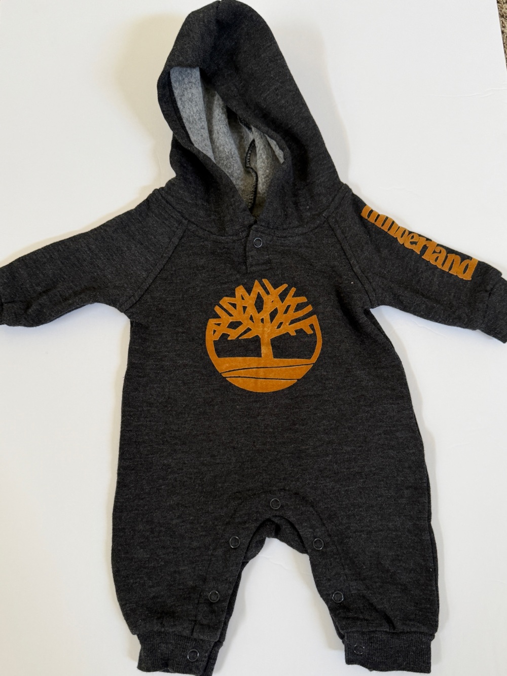 Timberland Charcoal Hooded Baby Romper with Orange Logo
